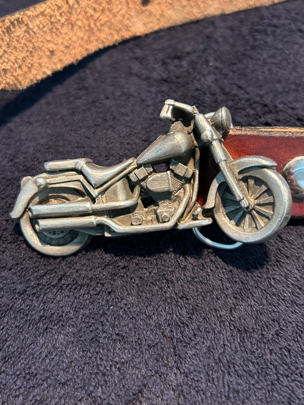 Motorcycle Buckle on leather belt. 34 to 38 inches.